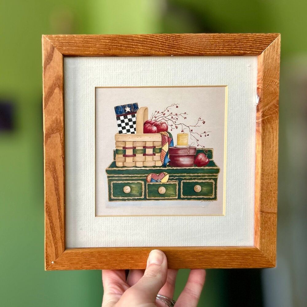 ❌SOLD Wood Framed Americana Apples Basket Farmhouse Accent
